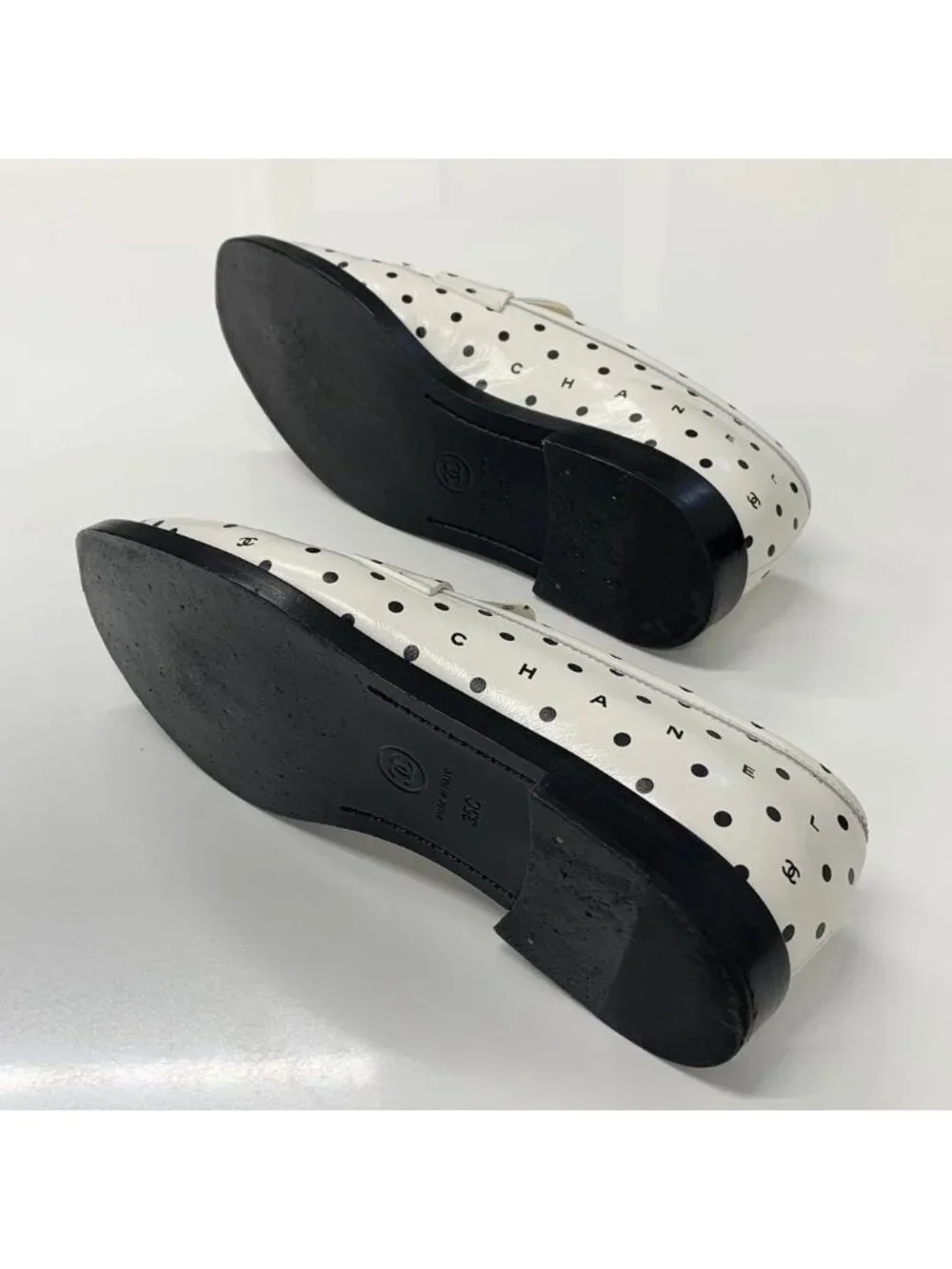 Chanel CC Logo Leather Dot Loafers White Black